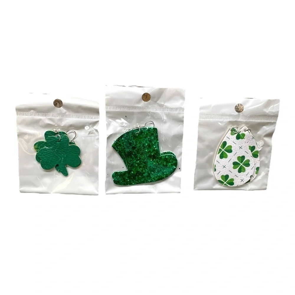 St Patricks Day Shamrock Clover Faux Leather Teardrop Dangle Earrings 3 Pair NWT